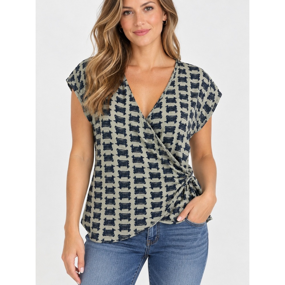 Effie's Heart Vintage Typewriter Print Wrap Top Gray Navy Blue 1X Wearable Art